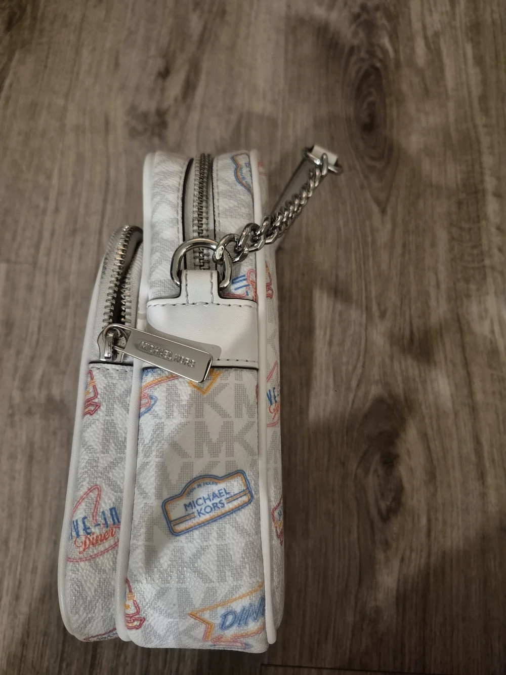 Michael Kors White Logo-Print Mini Backpack with Multicolor Diner Icons